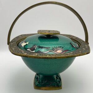 Vtg MCM Judaica Enamel Painted Brass Candy Dish Bowl W/ Lid & Handle Israel